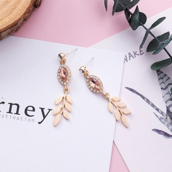 Gold Leaf Earrings w/ Champagne & CZ Accents - Picture 3 of 4